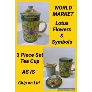 WORLD MARKET Tea Cup w/ Lid Infuser Strainer Lotus Flowers Pattern 3 Piece Set